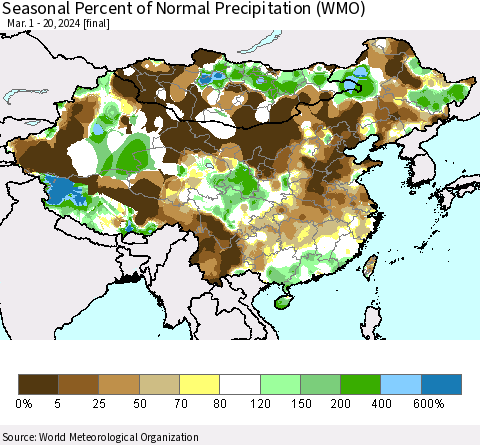 China, Mongolia and Taiwan Seasonal Percent of Normal Precipitation (WMO) Thematic Map For 3/1/2024 - 3/20/2024
