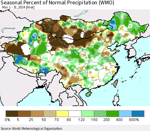 China, Mongolia and Taiwan Seasonal Percent of Normal Precipitation (WMO) Thematic Map For 3/1/2024 - 3/31/2024