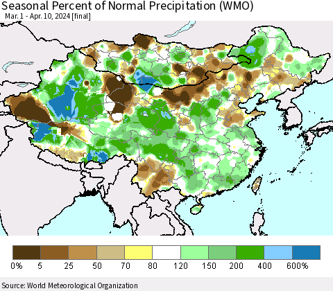 China, Mongolia and Taiwan Seasonal Percent of Normal Precipitation (WMO) Thematic Map For 3/1/2024 - 4/10/2024