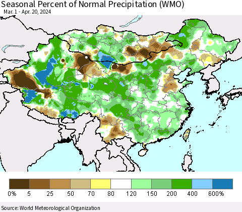 China, Mongolia and Taiwan Seasonal Percent of Normal Precipitation (WMO) Thematic Map For 3/1/2024 - 4/20/2024