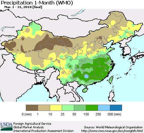 China, Mongolia and Taiwan Precipitation 1-Month (WMO) Thematic Map For 3/1/2018 - 3/31/2018