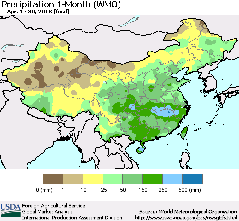 China, Mongolia and Taiwan Precipitation 1-Month (WMO) Thematic Map For 4/1/2018 - 4/30/2018