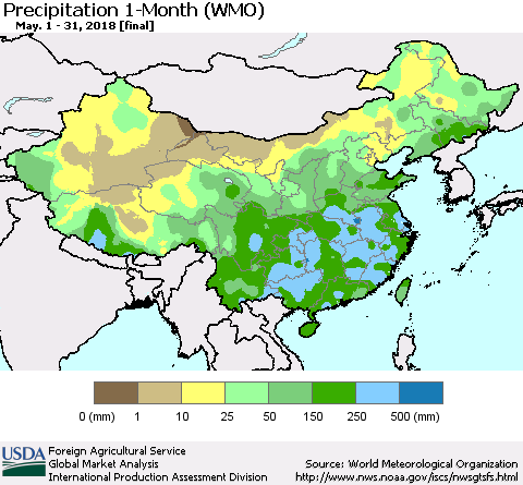 China, Mongolia and Taiwan Precipitation 1-Month (WMO) Thematic Map For 5/1/2018 - 5/31/2018