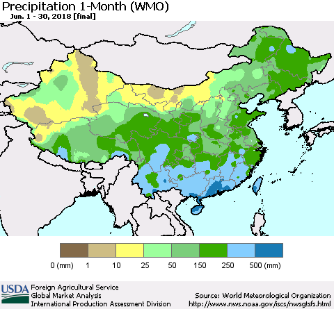 China, Mongolia and Taiwan Precipitation 1-Month (WMO) Thematic Map For 6/1/2018 - 6/30/2018