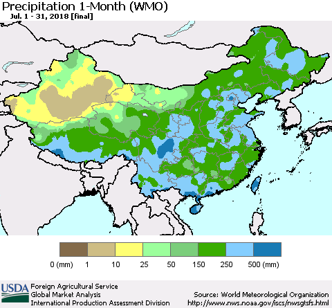 China, Mongolia and Taiwan Precipitation 1-Month (WMO) Thematic Map For 7/1/2018 - 7/31/2018
