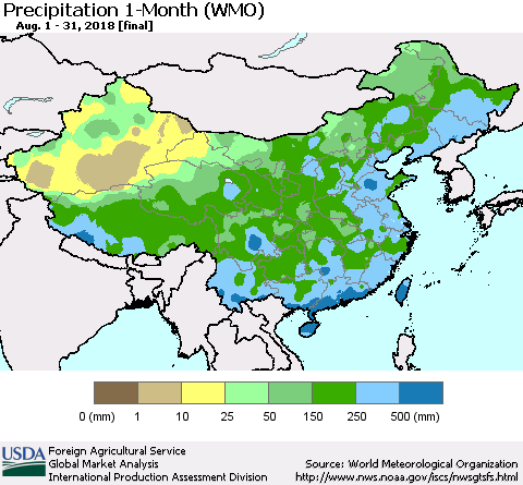 China, Mongolia and Taiwan Precipitation 1-Month (WMO) Thematic Map For 8/1/2018 - 8/31/2018