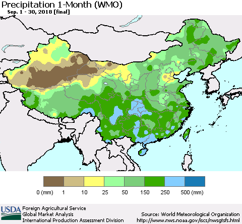 China, Mongolia and Taiwan Precipitation 1-Month (WMO) Thematic Map For 9/1/2018 - 9/30/2018