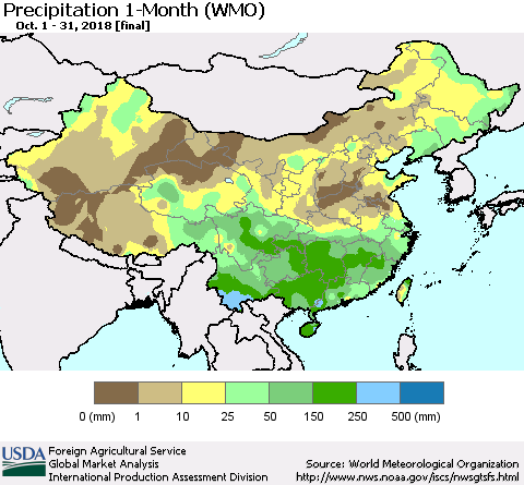China and Taiwan Precipitation 1-Month (WMO) Thematic Map For 10/1/2018 - 10/31/2018