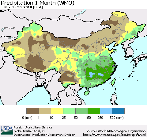 China, Mongolia and Taiwan Precipitation 1-Month (WMO) Thematic Map For 11/1/2018 - 11/30/2018
