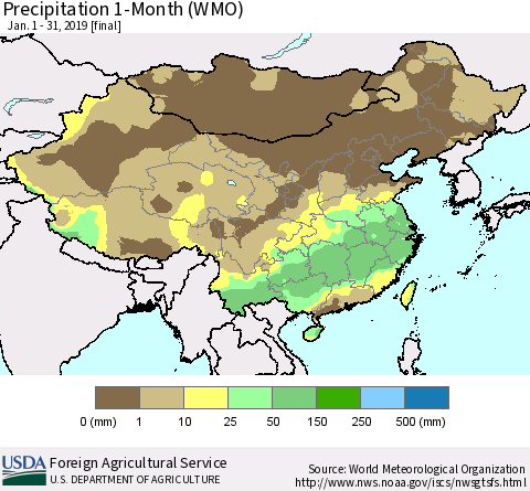 China, Mongolia and Taiwan Precipitation 1-Month (WMO) Thematic Map For 1/1/2019 - 1/31/2019