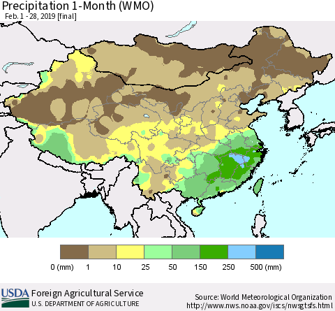 China, Mongolia and Taiwan Precipitation 1-Month (WMO) Thematic Map For 2/1/2019 - 2/28/2019