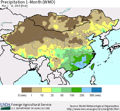 China, Mongolia and Taiwan Precipitation 1-Month (WMO) Thematic Map For 3/1/2019 - 3/31/2019