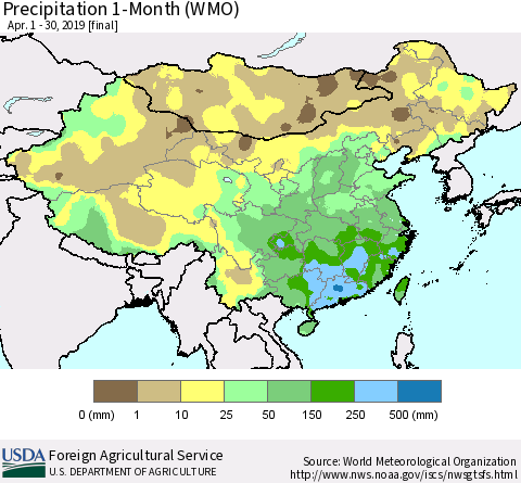 China, Mongolia and Taiwan Precipitation 1-Month (WMO) Thematic Map For 4/1/2019 - 4/30/2019