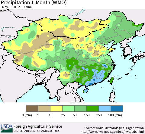 China and Taiwan Precipitation 1-Month (WMO) Thematic Map For 5/1/2019 - 5/31/2019