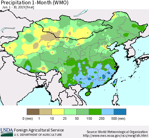 China and Taiwan Precipitation 1-Month (WMO) Thematic Map For 6/1/2019 - 6/30/2019