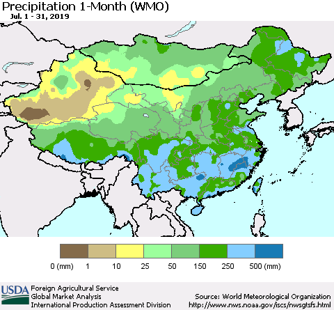 China and Taiwan Precipitation 1-Month (WMO) Thematic Map For 7/1/2019 - 7/31/2019