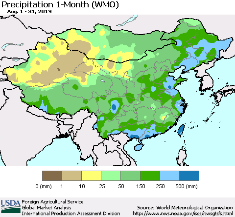 China and Taiwan Precipitation 1-Month (WMO) Thematic Map For 8/1/2019 - 8/31/2019