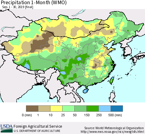 China and Taiwan Precipitation 1-Month (WMO) Thematic Map For 9/1/2019 - 9/30/2019