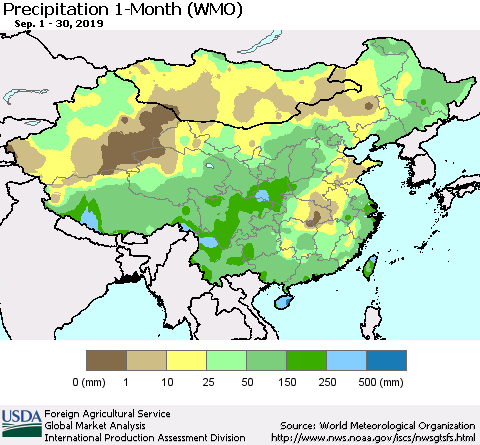 China and Taiwan Precipitation 1-Month (WMO) Thematic Map For 9/1/2019 - 9/30/2019