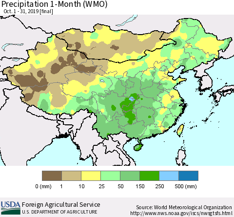China and Taiwan Precipitation 1-Month (WMO) Thematic Map For 10/1/2019 - 10/31/2019
