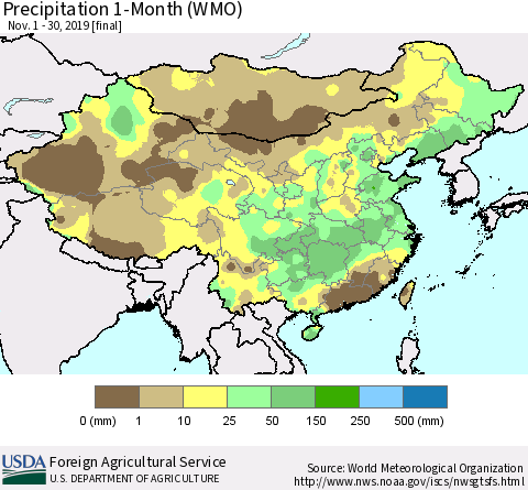 China and Taiwan Precipitation 1-Month (WMO) Thematic Map For 11/1/2019 - 11/30/2019