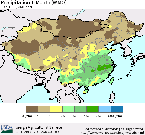 China and Taiwan Precipitation 1-Month (WMO) Thematic Map For 1/1/2020 - 1/31/2020