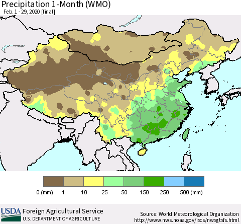China and Taiwan Precipitation 1-Month (WMO) Thematic Map For 2/1/2020 - 2/29/2020