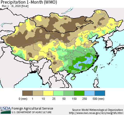 China, Mongolia and Taiwan Precipitation 1-Month (WMO) Thematic Map For 3/1/2020 - 3/31/2020
