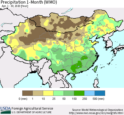 China, Mongolia and Taiwan Precipitation 1-Month (WMO) Thematic Map For 4/1/2020 - 4/30/2020