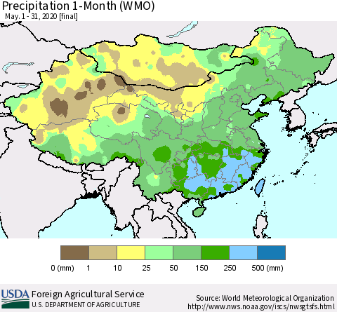 China and Taiwan Precipitation 1-Month (WMO) Thematic Map For 5/1/2020 - 5/31/2020