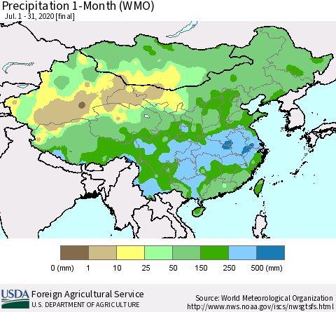 China, Mongolia and Taiwan Precipitation 1-Month (WMO) Thematic Map For 7/1/2020 - 7/31/2020