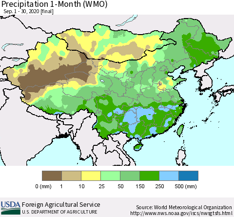 China, Mongolia and Taiwan Precipitation 1-Month (WMO) Thematic Map For 9/1/2020 - 9/30/2020