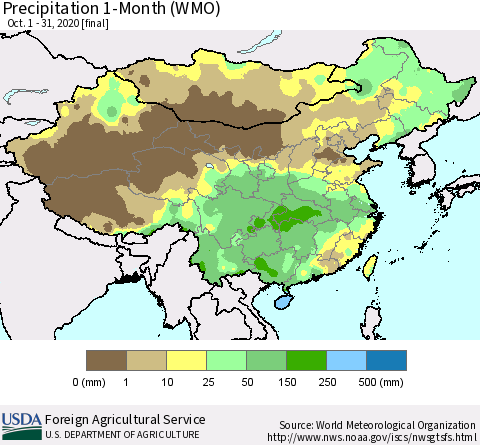 China, Mongolia and Taiwan Precipitation 1-Month (WMO) Thematic Map For 10/1/2020 - 10/31/2020