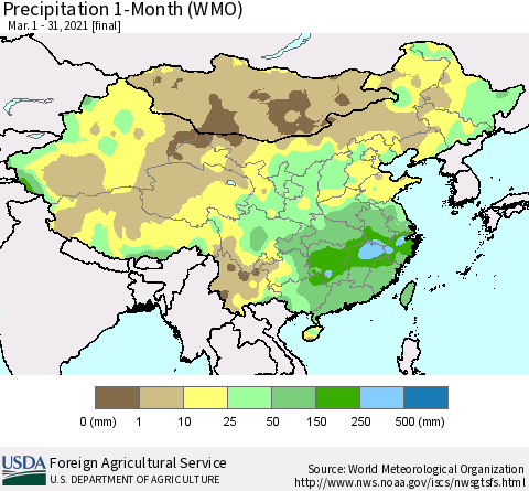 China, Mongolia and Taiwan Precipitation 1-Month (WMO) Thematic Map For 3/1/2021 - 3/31/2021