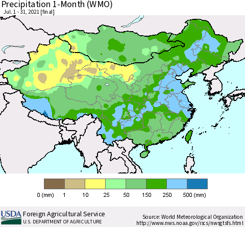 China, Mongolia and Taiwan Precipitation 1-Month (WMO) Thematic Map For 7/1/2021 - 7/31/2021