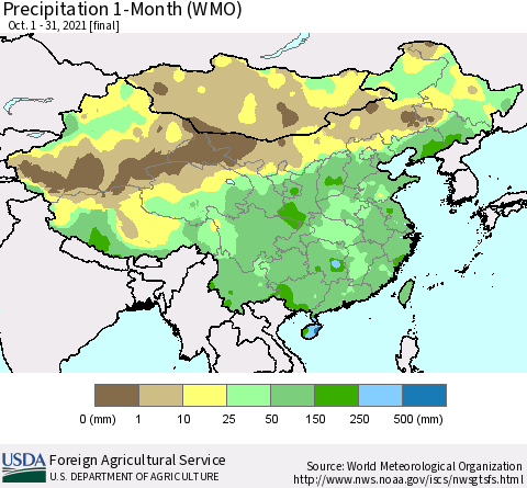 China, Mongolia and Taiwan Precipitation 1-Month (WMO) Thematic Map For 10/1/2021 - 10/31/2021