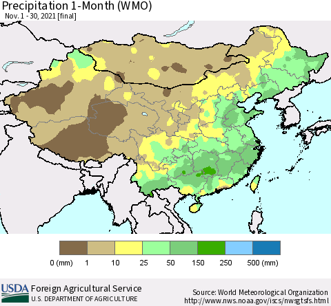China, Mongolia and Taiwan Precipitation 1-Month (WMO) Thematic Map For 11/1/2021 - 11/30/2021