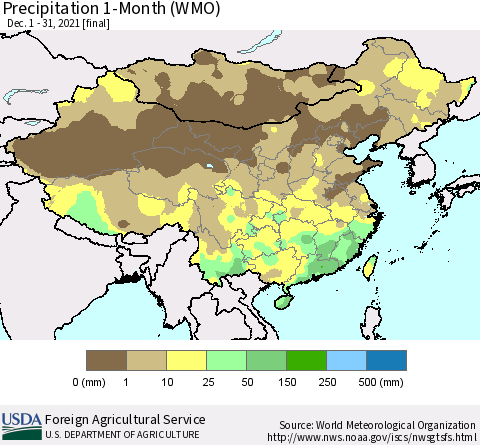 China, Mongolia and Taiwan Precipitation 1-Month (WMO) Thematic Map For 12/1/2021 - 12/31/2021
