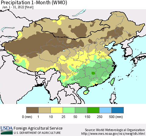 China, Mongolia and Taiwan Precipitation 1-Month (WMO) Thematic Map For 1/1/2022 - 1/31/2022