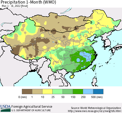 China, Mongolia and Taiwan Precipitation 1-Month (WMO) Thematic Map For 3/1/2022 - 3/31/2022
