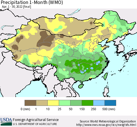 China, Mongolia and Taiwan Precipitation 1-Month (WMO) Thematic Map For 4/1/2022 - 4/30/2022