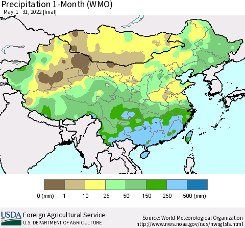 China, Mongolia and Taiwan Precipitation 1-Month (WMO) Thematic Map For 5/1/2022 - 5/31/2022
