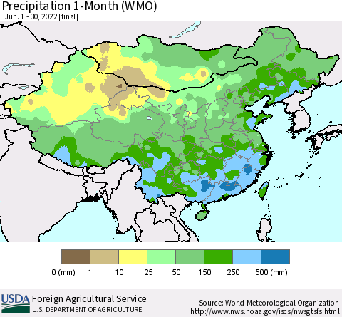 China, Mongolia and Taiwan Precipitation 1-Month (WMO) Thematic Map For 6/1/2022 - 6/30/2022