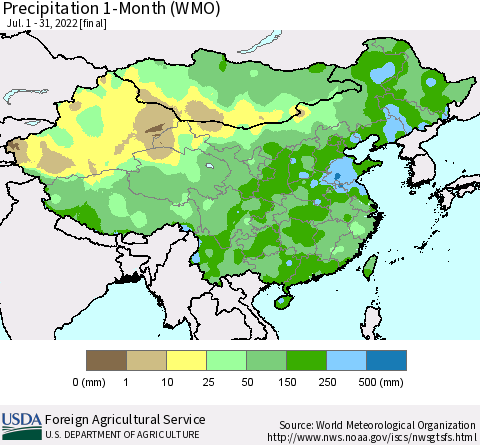China, Mongolia and Taiwan Precipitation 1-Month (WMO) Thematic Map For 7/1/2022 - 7/31/2022