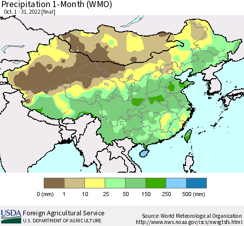 China, Mongolia and Taiwan Precipitation 1-Month (WMO) Thematic Map For 10/1/2022 - 10/31/2022