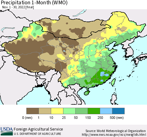 China, Mongolia and Taiwan Precipitation 1-Month (WMO) Thematic Map For 11/1/2022 - 11/30/2022