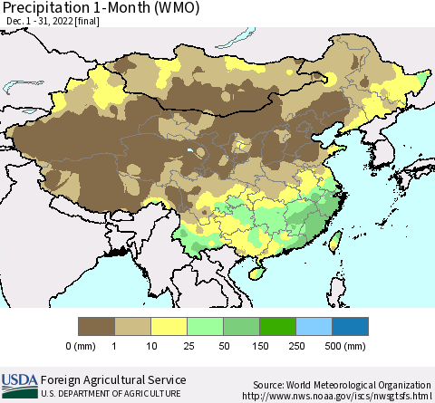 China, Mongolia and Taiwan Precipitation 1-Month (WMO) Thematic Map For 12/1/2022 - 12/31/2022
