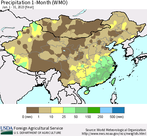 China, Mongolia and Taiwan Precipitation 1-Month (WMO) Thematic Map For 1/1/2023 - 1/31/2023