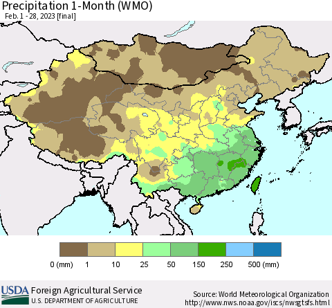 China, Mongolia and Taiwan Precipitation 1-Month (WMO) Thematic Map For 2/1/2023 - 2/28/2023