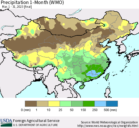 China, Mongolia and Taiwan Precipitation 1-Month (WMO) Thematic Map For 3/1/2023 - 3/31/2023